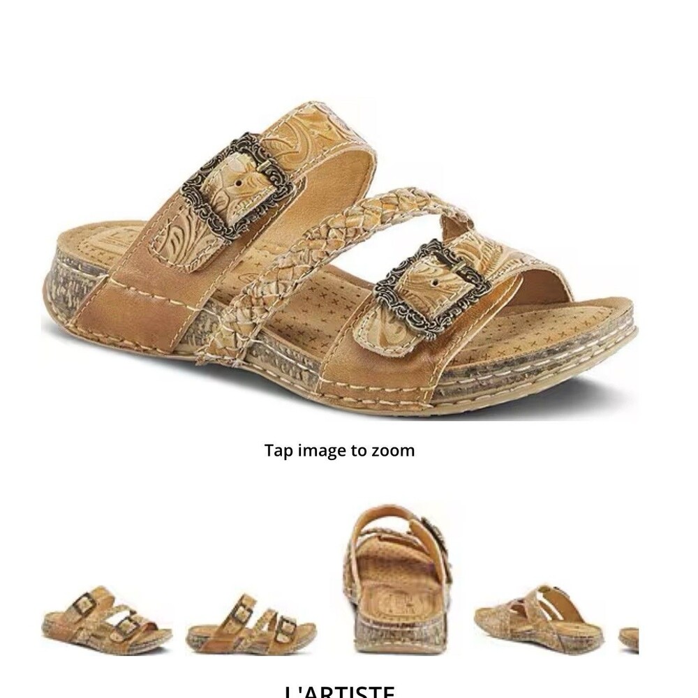 L’Artiste by Spring Step Astra Leather Slide Sandal Tan Women’s 9.5 10 40 Tooled